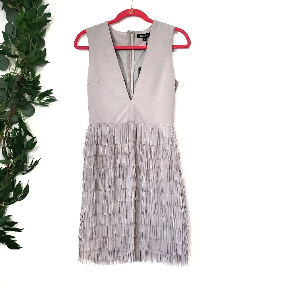 NWT Missguided Gray Deep V Fringe Dress - Picture 2 of 6